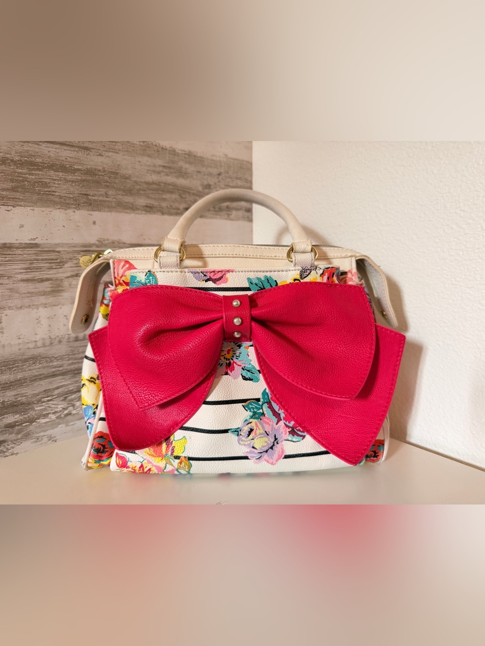 Betsey Johnson White Floral Stripe Shoulder Bag with Hot Pink Bow